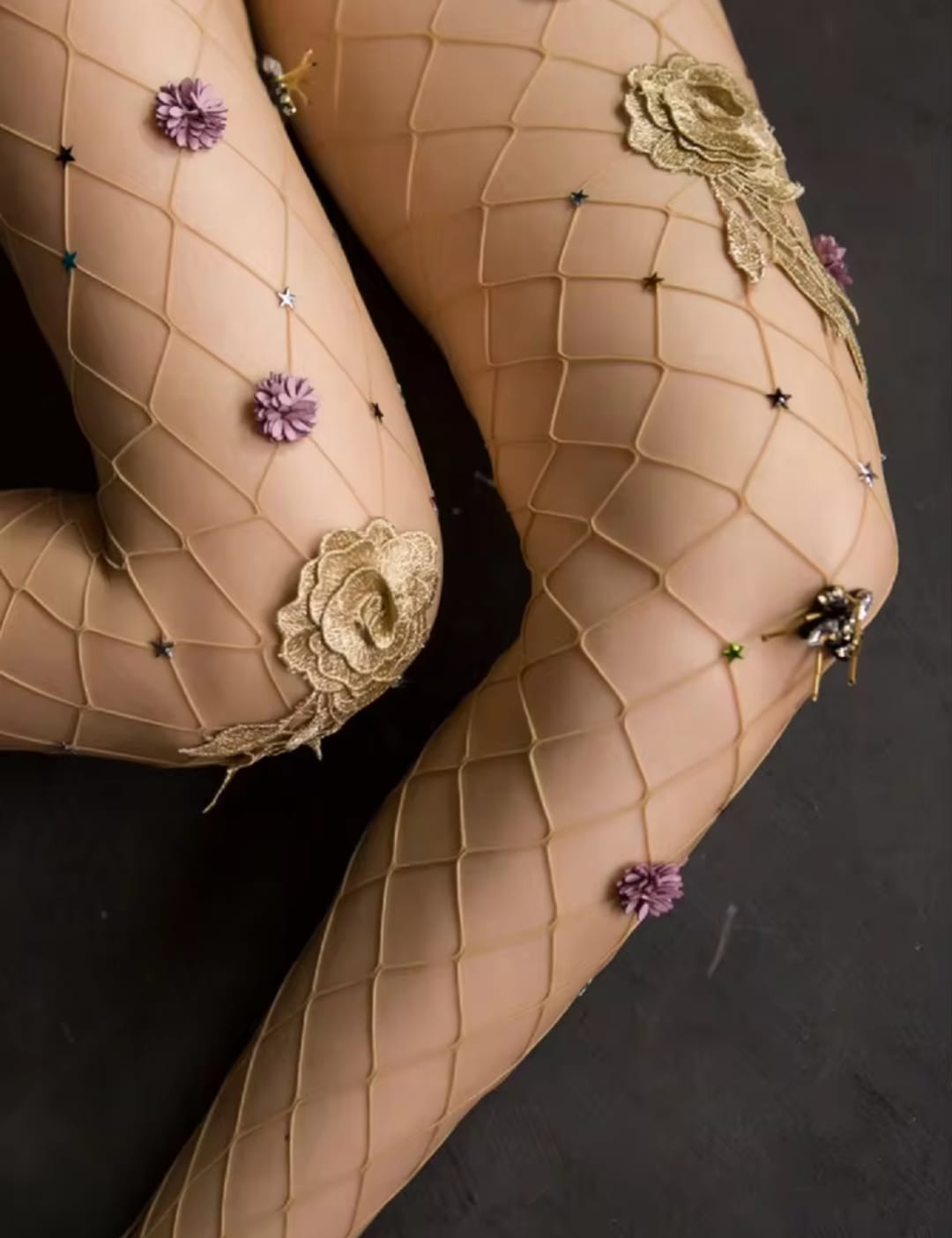 Women’s Nude Floral Embroidered Fishnet Tights – Sheer Mesh Stockings with 3D Flower & Star Details